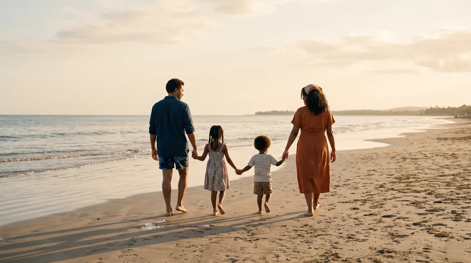 Una familia de cuatro camina de la mano por la orilla del mar al atardecer, de espaldas a la cámara.