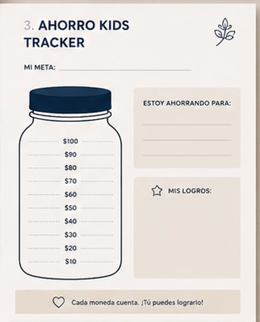 Hoja de ahorro para niños con una alcancía dibujada y marcas de diez en diez dólares para ir coloreando.