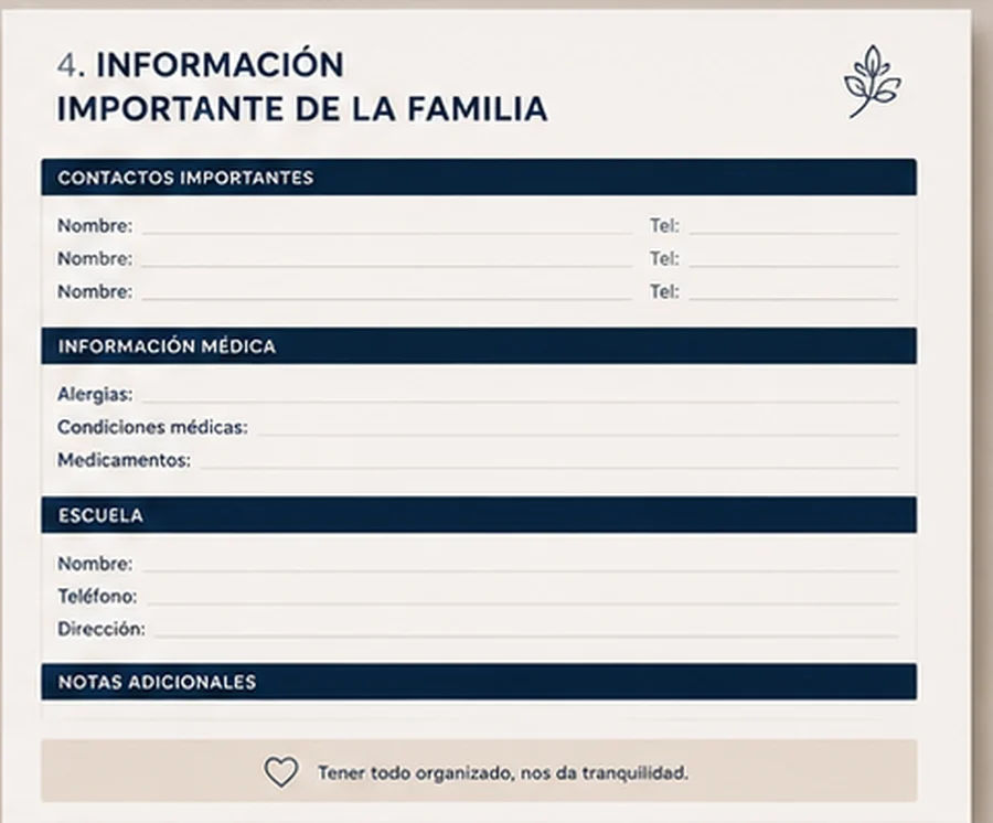 Hoja de información familiar con espacios para contactos importantes, información médica y datos de la escuela.