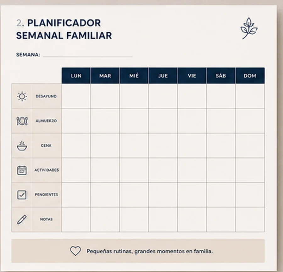 Planificador semanal familiar con filas para comidas, actividades y pendientes de lunes a domingo.