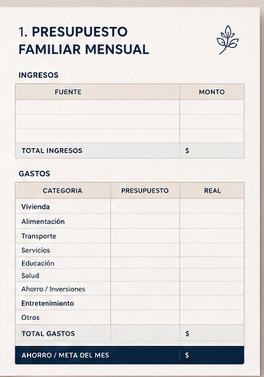 Hoja de presupuesto familiar mensual, con tablas de ingresos y gastos y una fila final para la meta de ahorro.